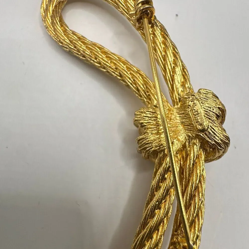 Vintage Christian Dior Gold Textured Rope Knot Brooch Pin Signed